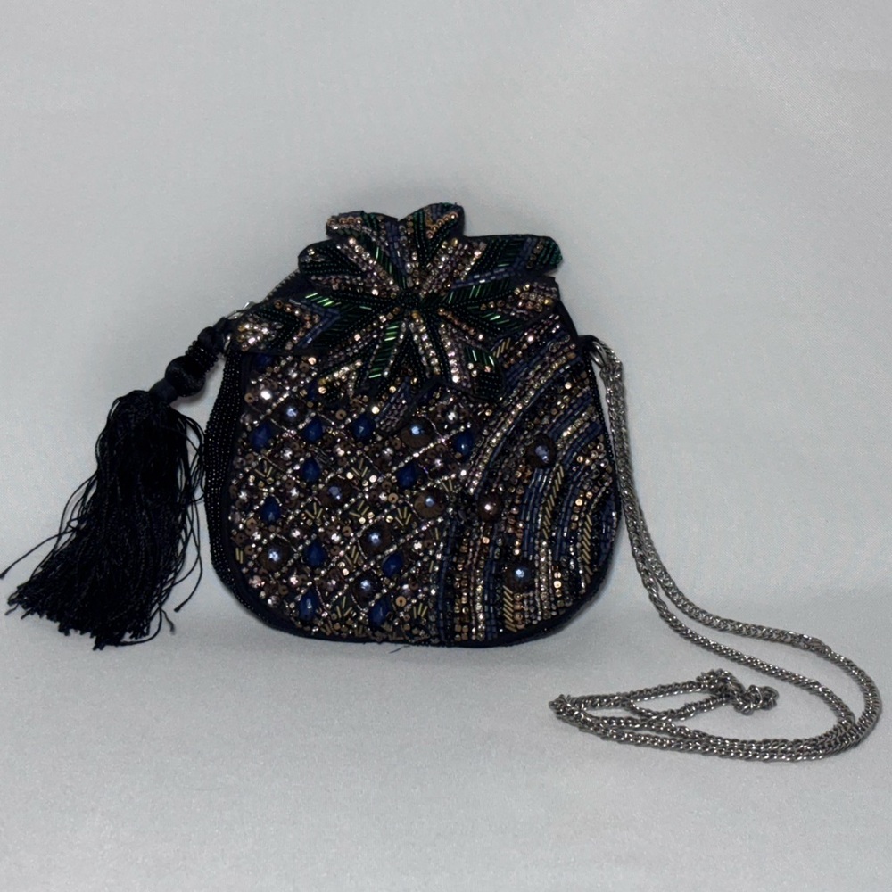 Zara Pineapple Black beaded Mini Bag with 20 inch Chain Strap